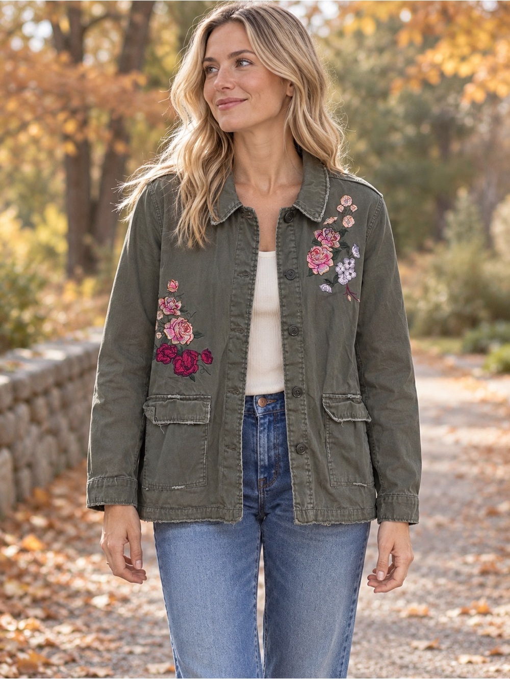 Maurices Olive Green Embroidered Utility Jacket Boho Minimalist
